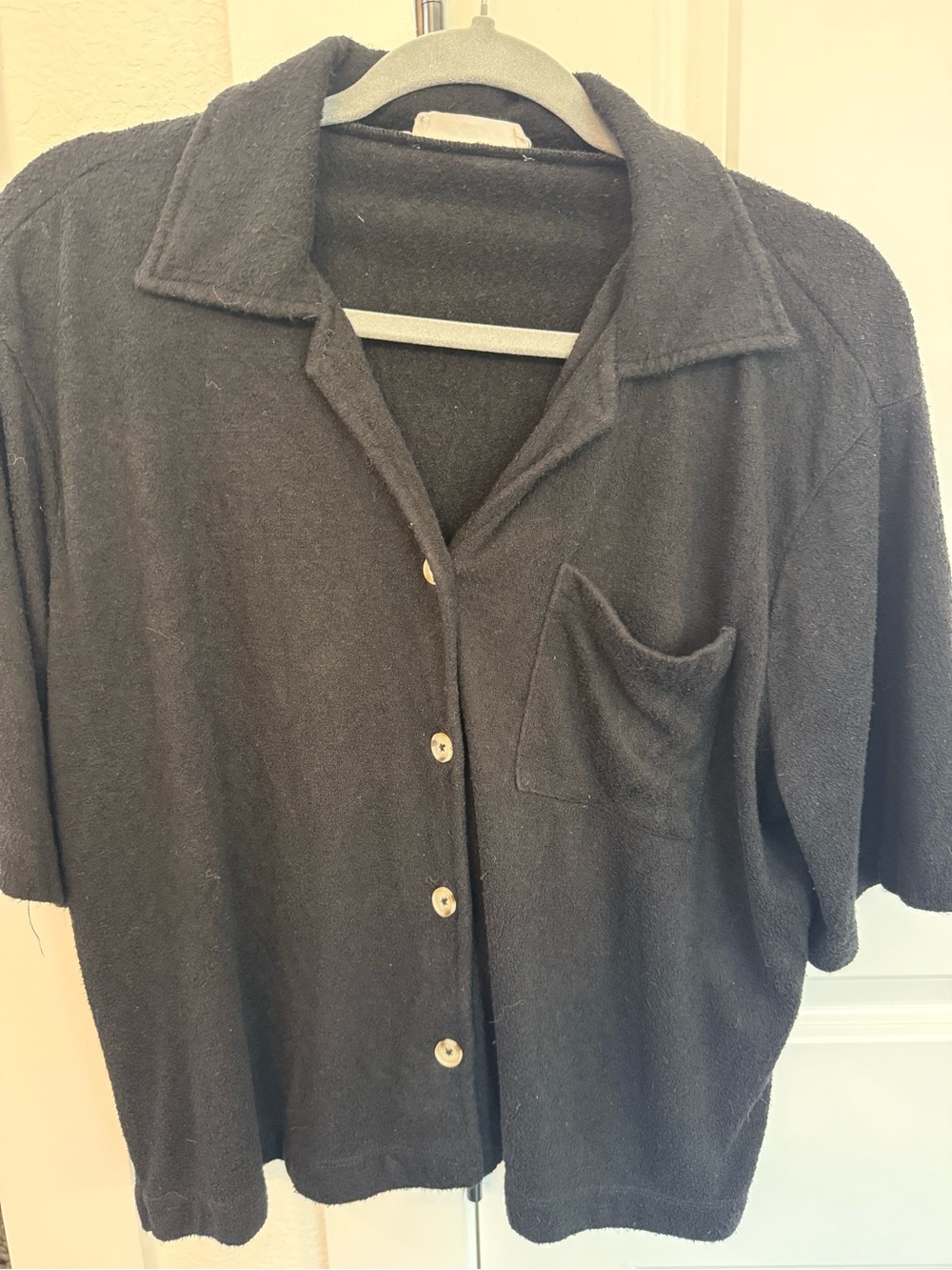 Black Terry Short-Sleeve Button-Up Shirt with Pocket